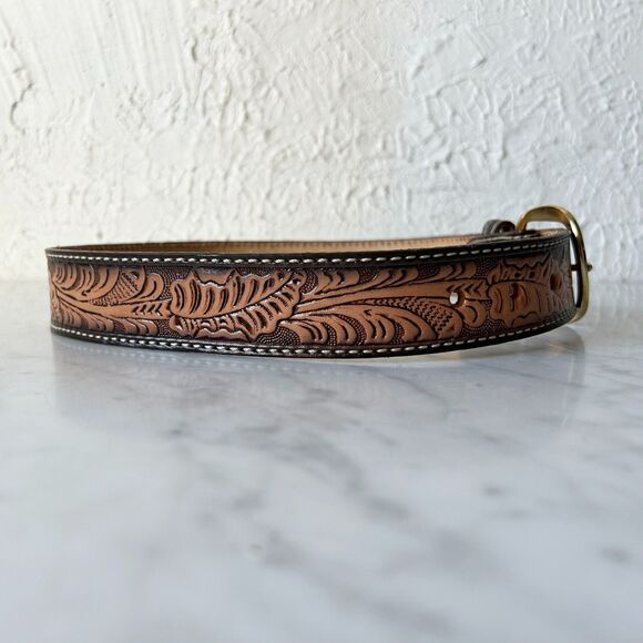 Vintage Western Tooled Leather Belt Cowboy Style with Brass Buckle-Men's Size 26 - Picture 5 of 8